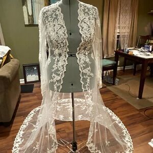 David's Bridal Sheer Lace Beaded Long Sleeve Jacket in White